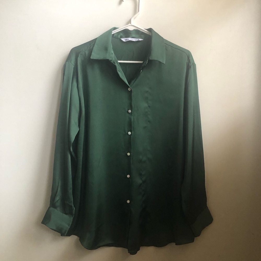 Zara Women Deep Green Button Down Shirt